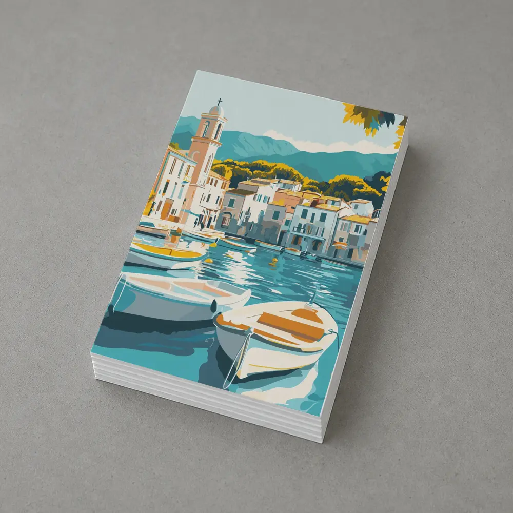 Mediterranean Harbor Town Boats Illustration Art – Postcards