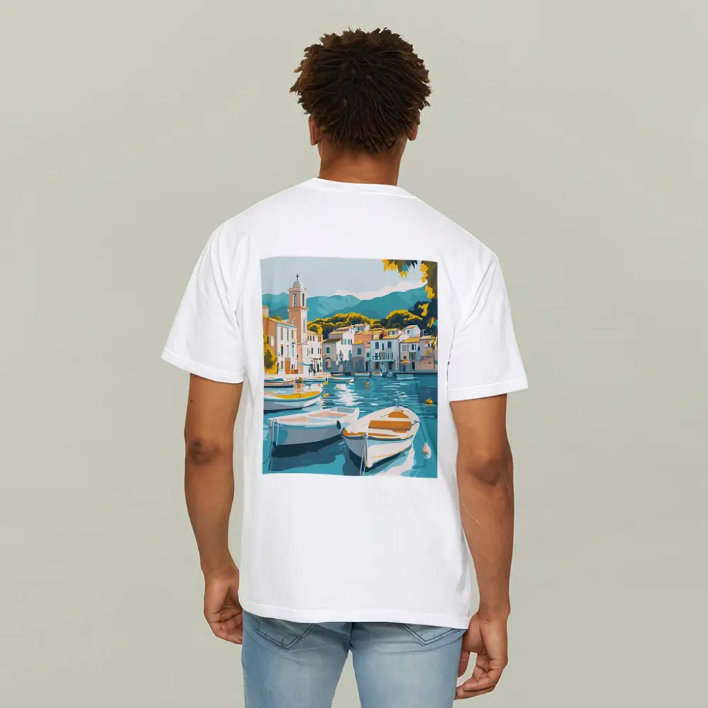Mediterranean Harbor Town Boats Illustration Art – T-Shirts