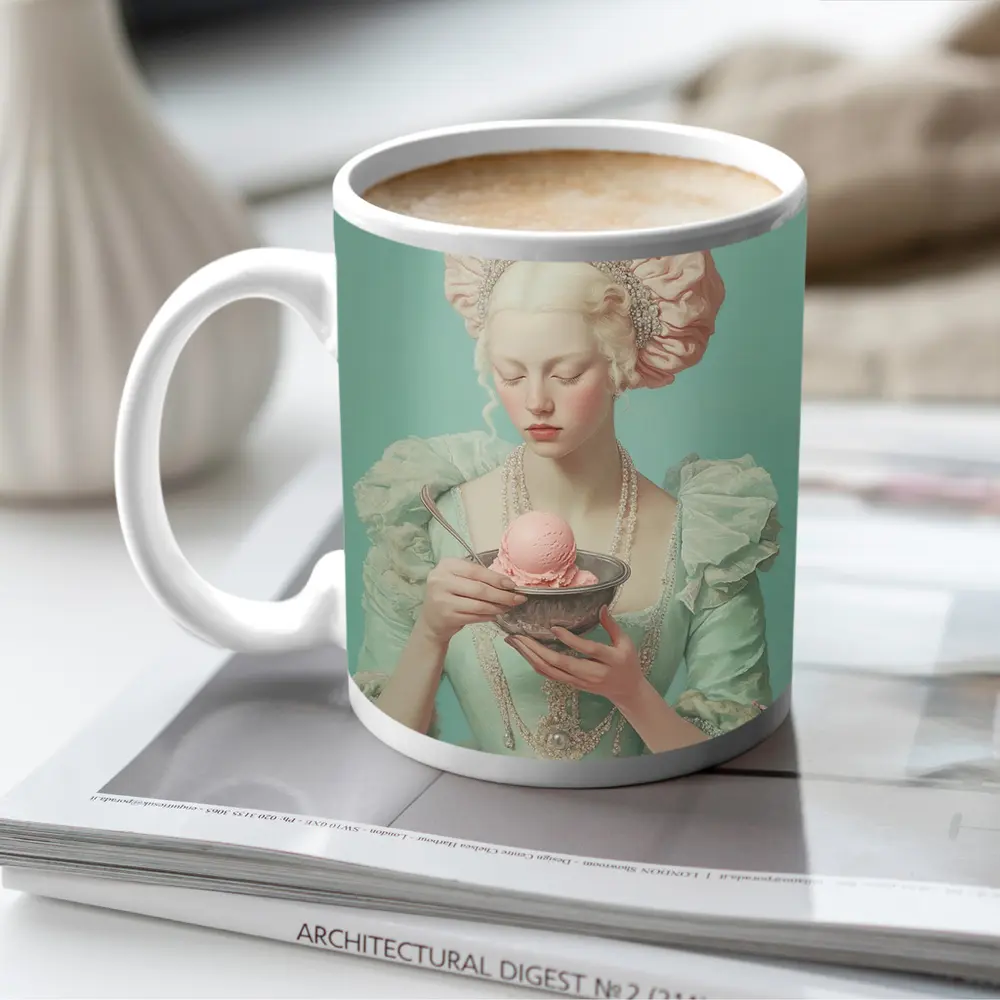 Rococo Woman Holding Pink Ice Cream Bowl – Mugs