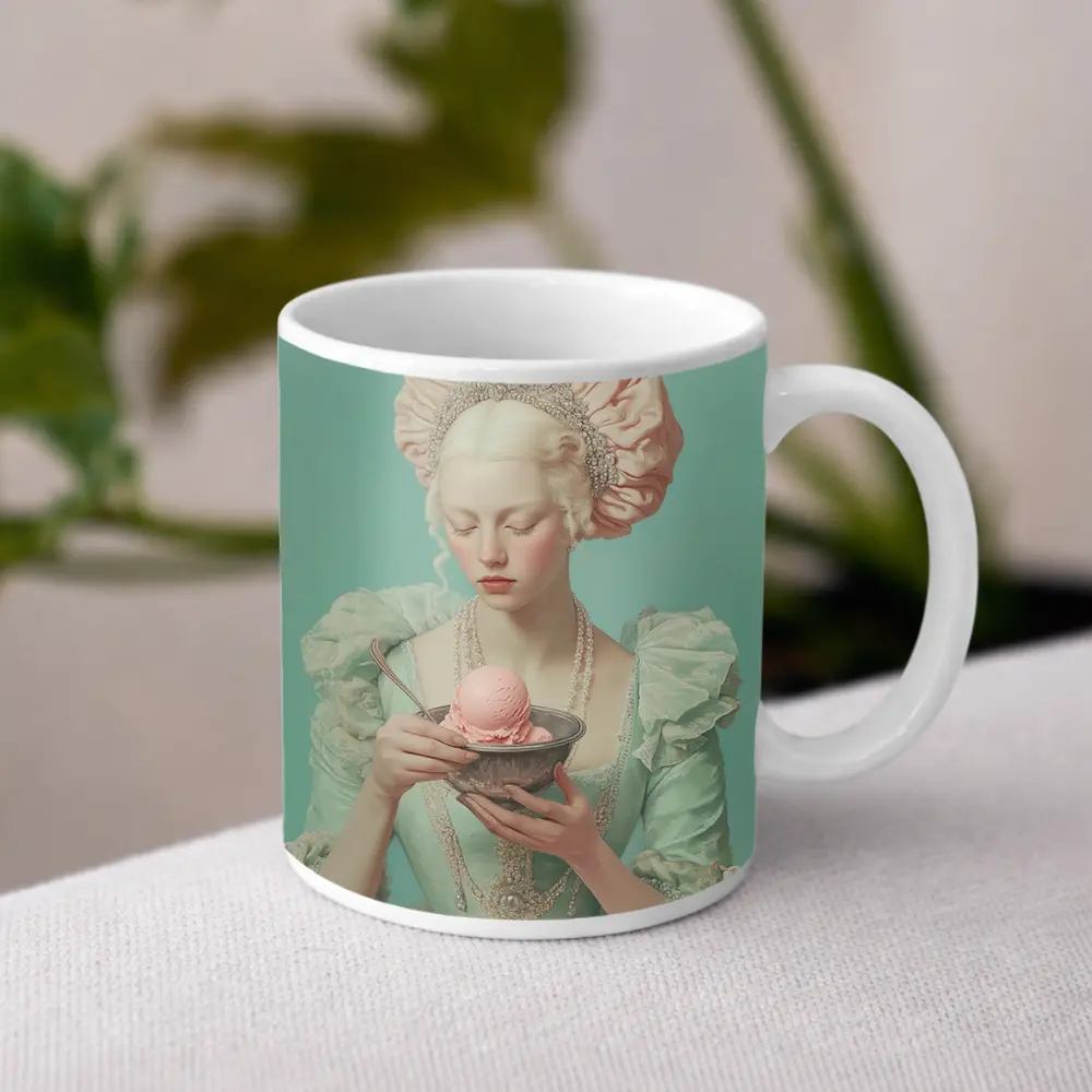 Rococo Woman Holding Pink Ice Cream Bowl – Mugs