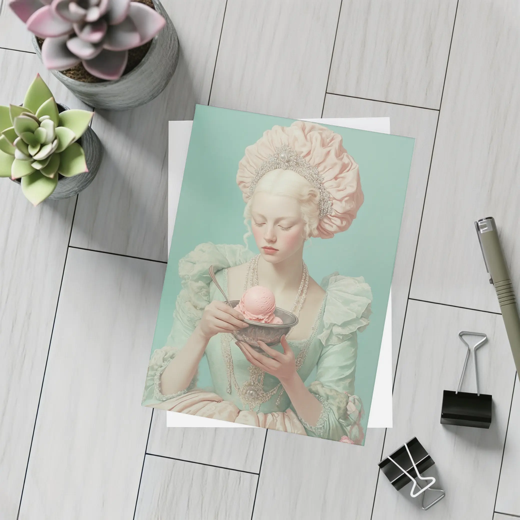 Rococo Woman Holding Pink Ice Cream Bowl – Postcards