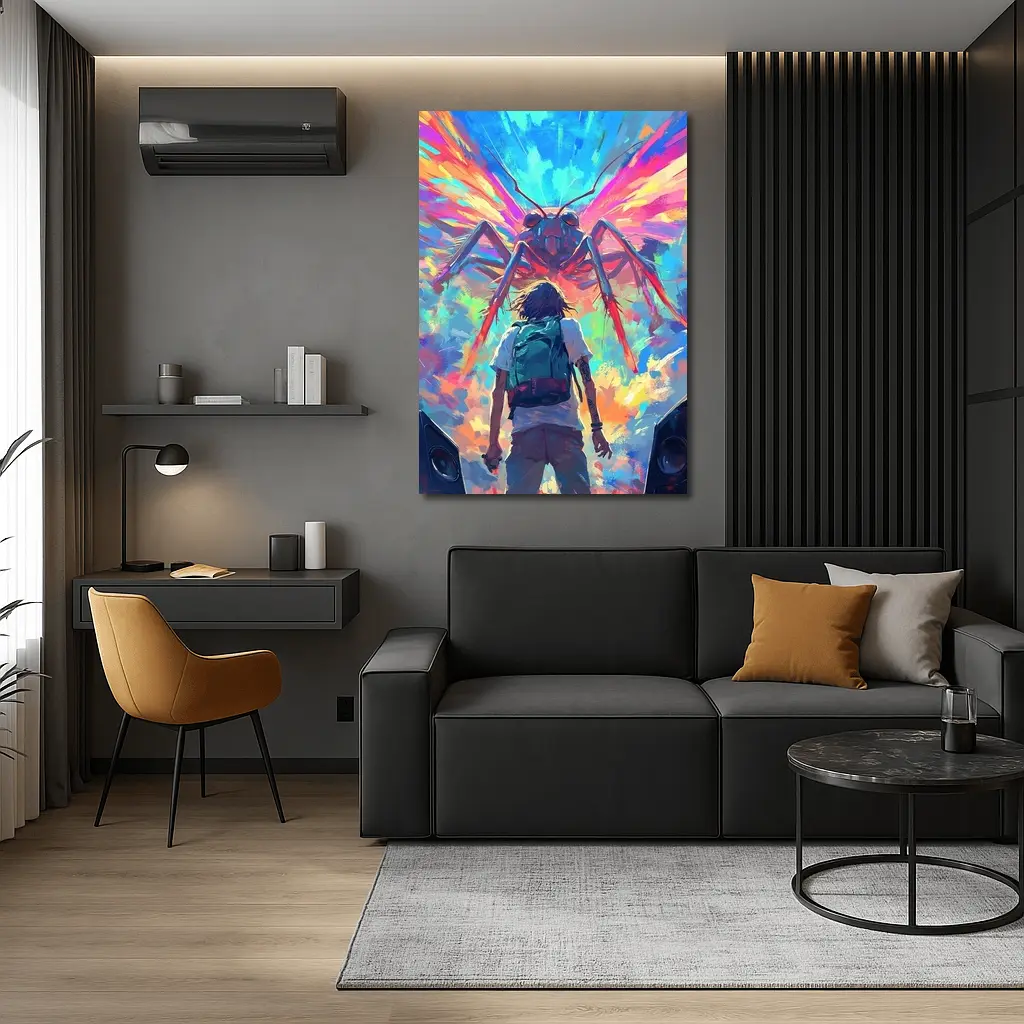 Anime Boy Facing Giant Insect Colorful Art – Wall Art
