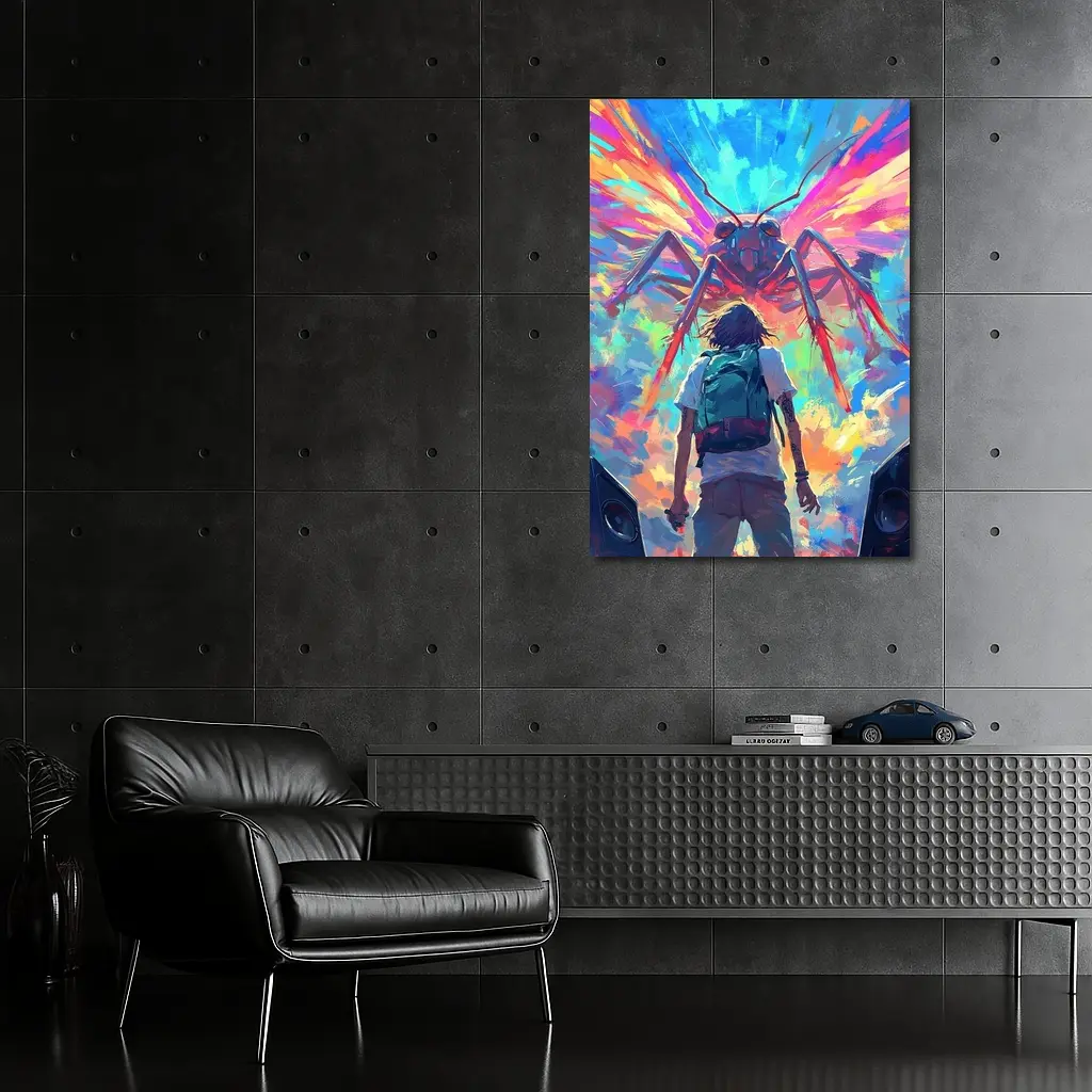 Anime Boy Facing Giant Insect Colorful Art – Wall Art