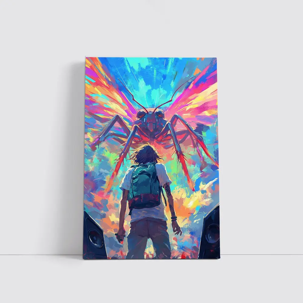 Anime Boy Facing Giant Insect Colorful Art – Wall Art
