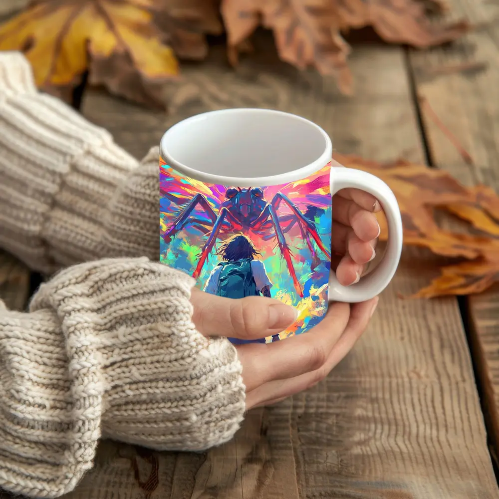 Anime Boy Facing Giant Insect Colorful Art – Mugs