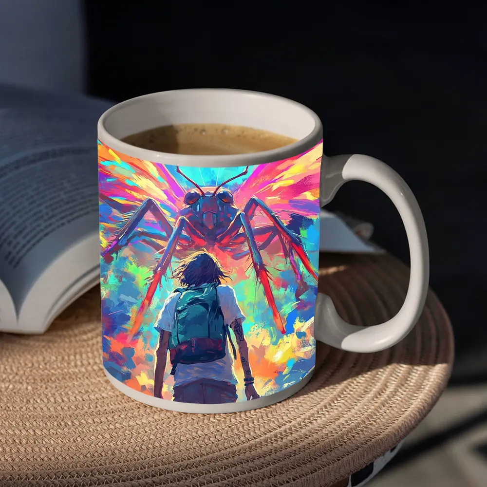 Anime Boy Facing Giant Insect Colorful Art – Mugs