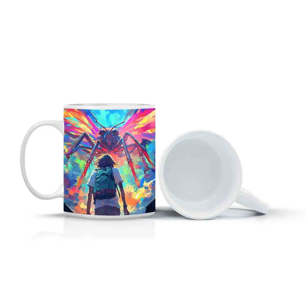 Anime Boy Facing Giant Insect Colorful Art – Mugs