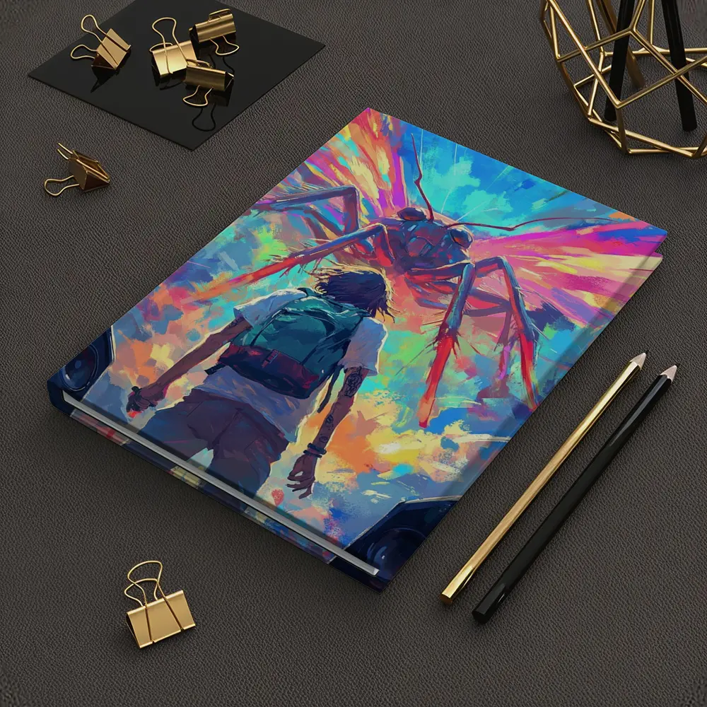 Anime Boy Facing Giant Insect Colorful Art – Notebooks