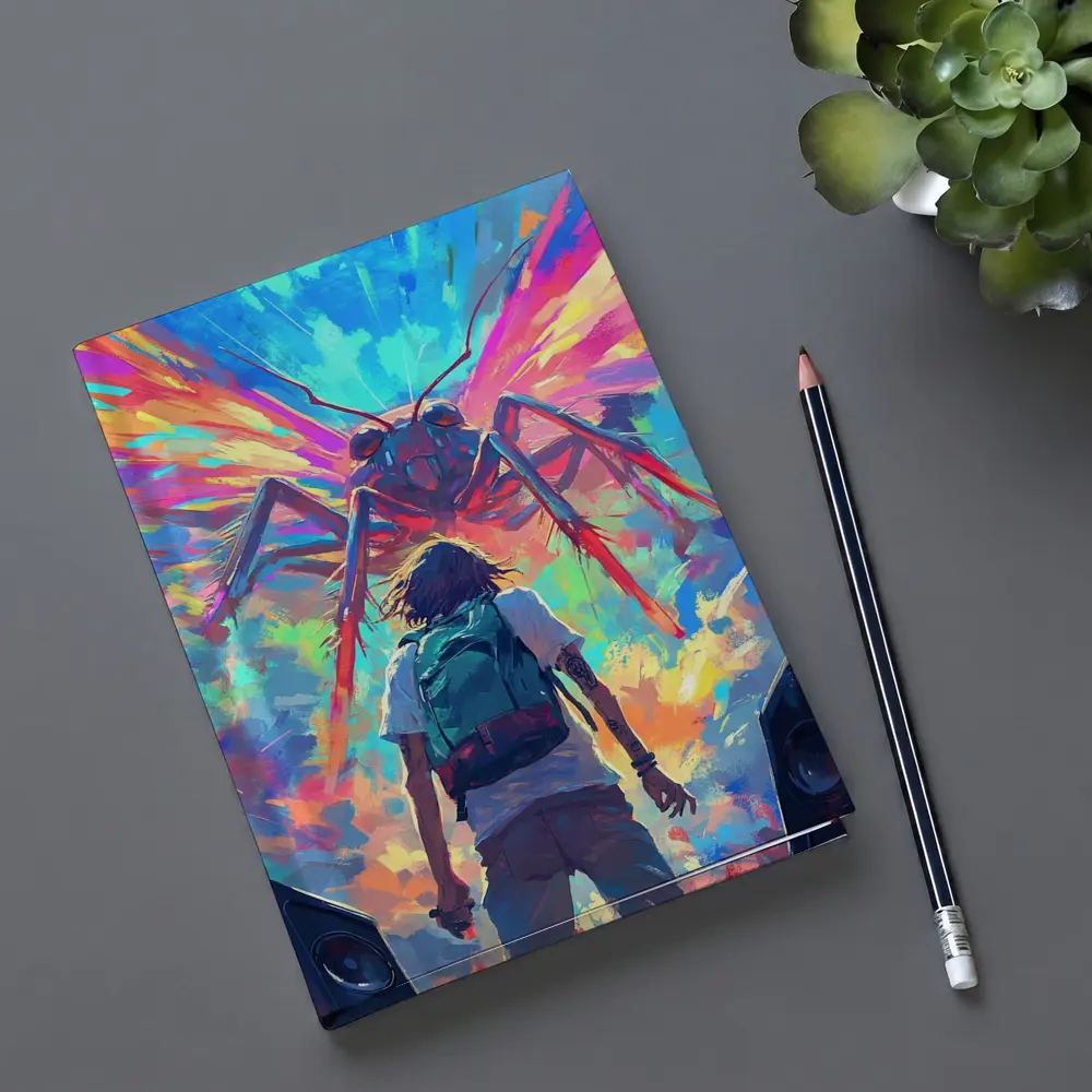 Anime Boy Facing Giant Insect Colorful Art – Notebooks