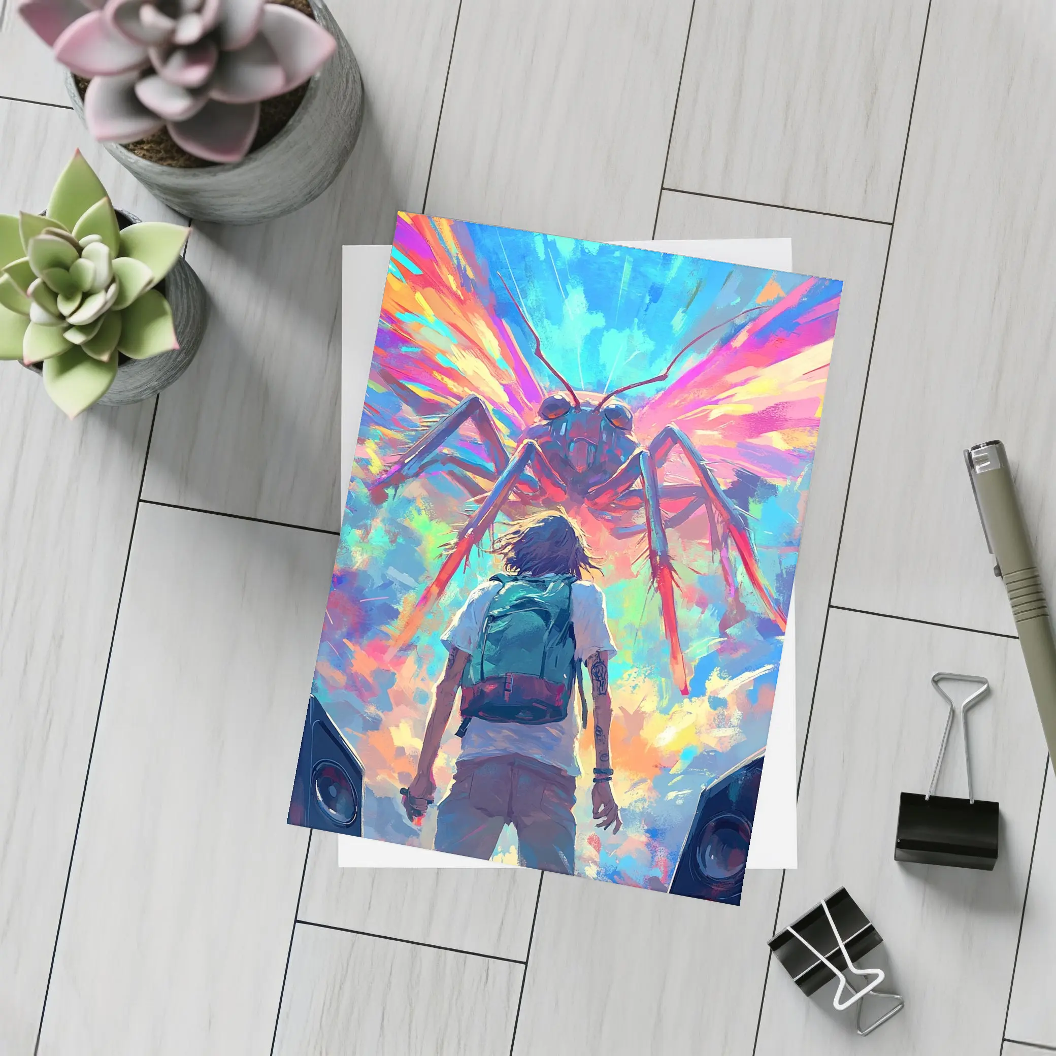 Anime Boy Facing Giant Insect Colorful Art – Postcards