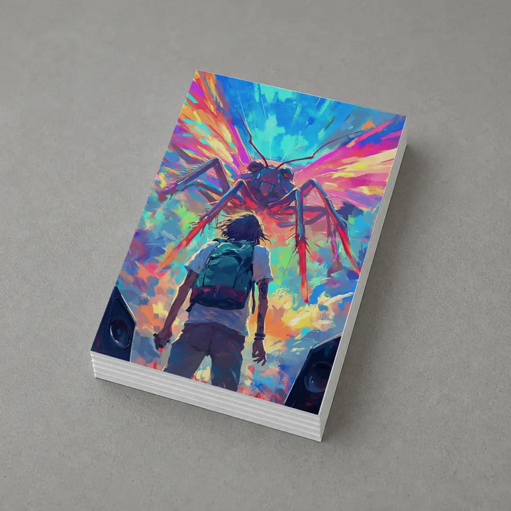 Anime Boy Facing Giant Insect Colorful Art – Postcards
