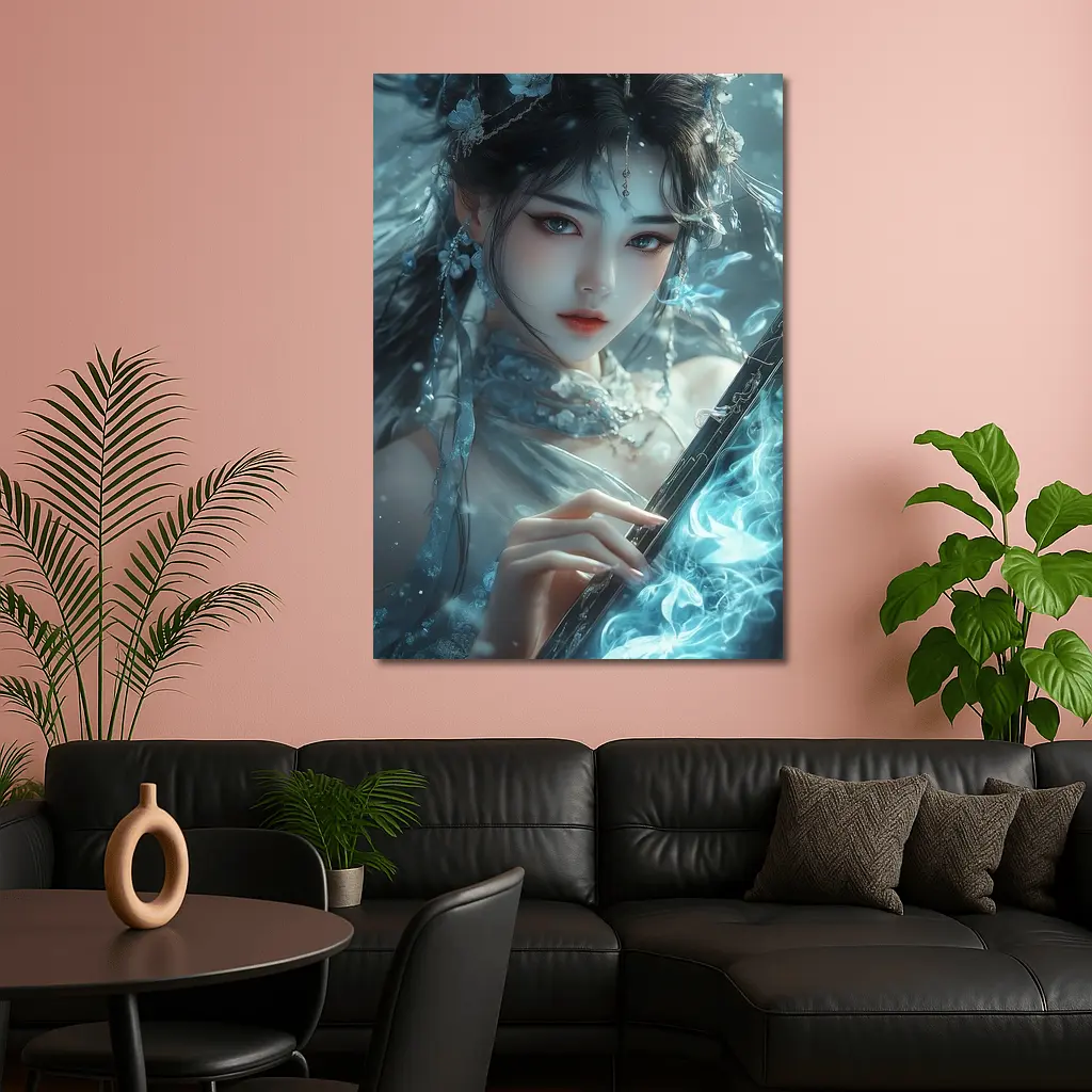 Fantasy Asian Woman With Glowing Blue Sword – Wall Art
