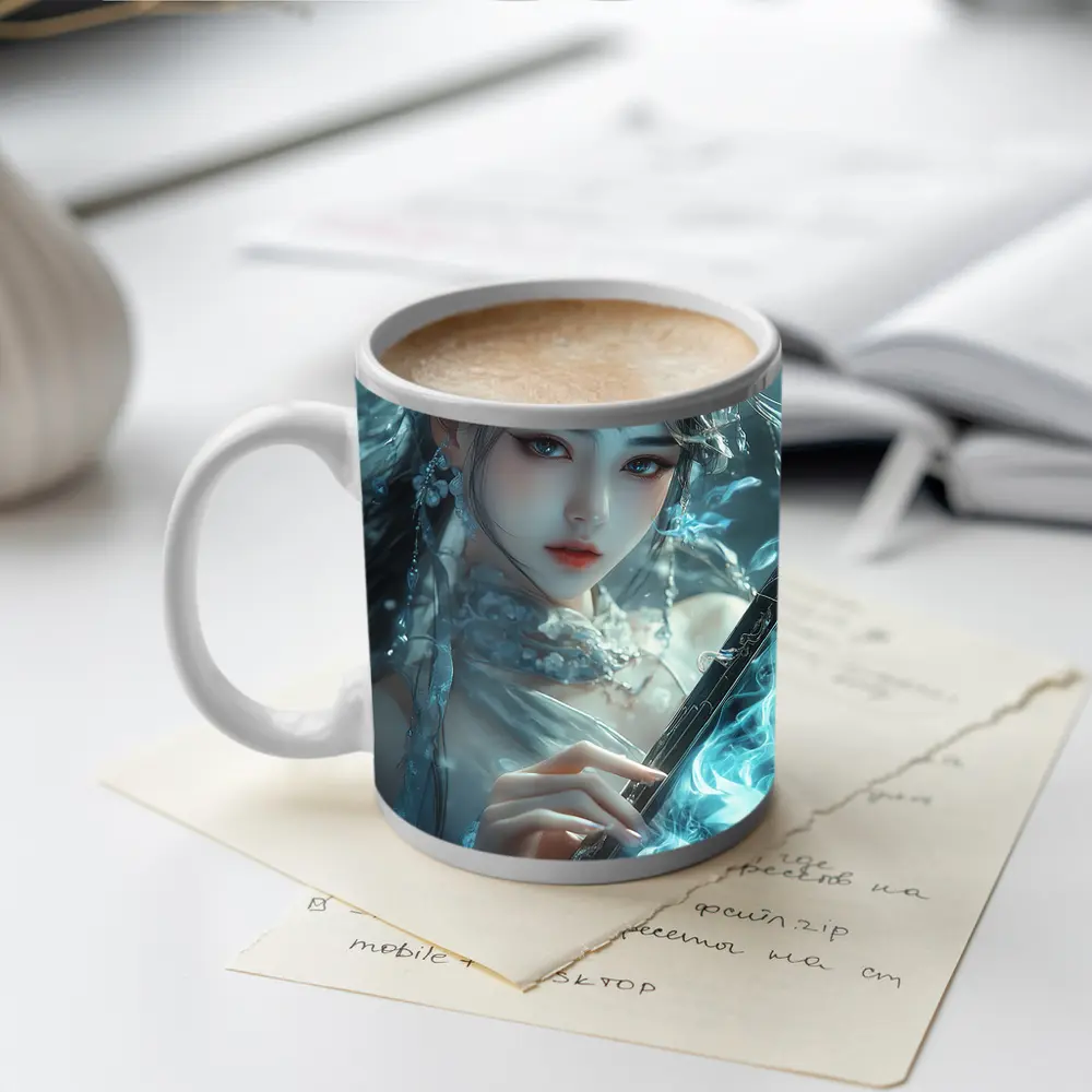 Fantasy Asian Woman With Glowing Blue Sword – Mugs