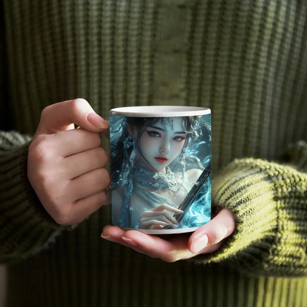 Fantasy Asian Woman With Glowing Blue Sword – Mugs