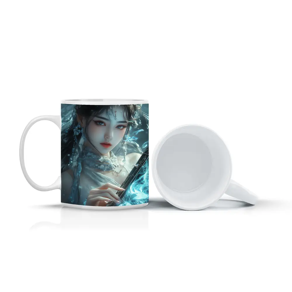 Fantasy Asian Woman With Glowing Blue Sword – Mugs