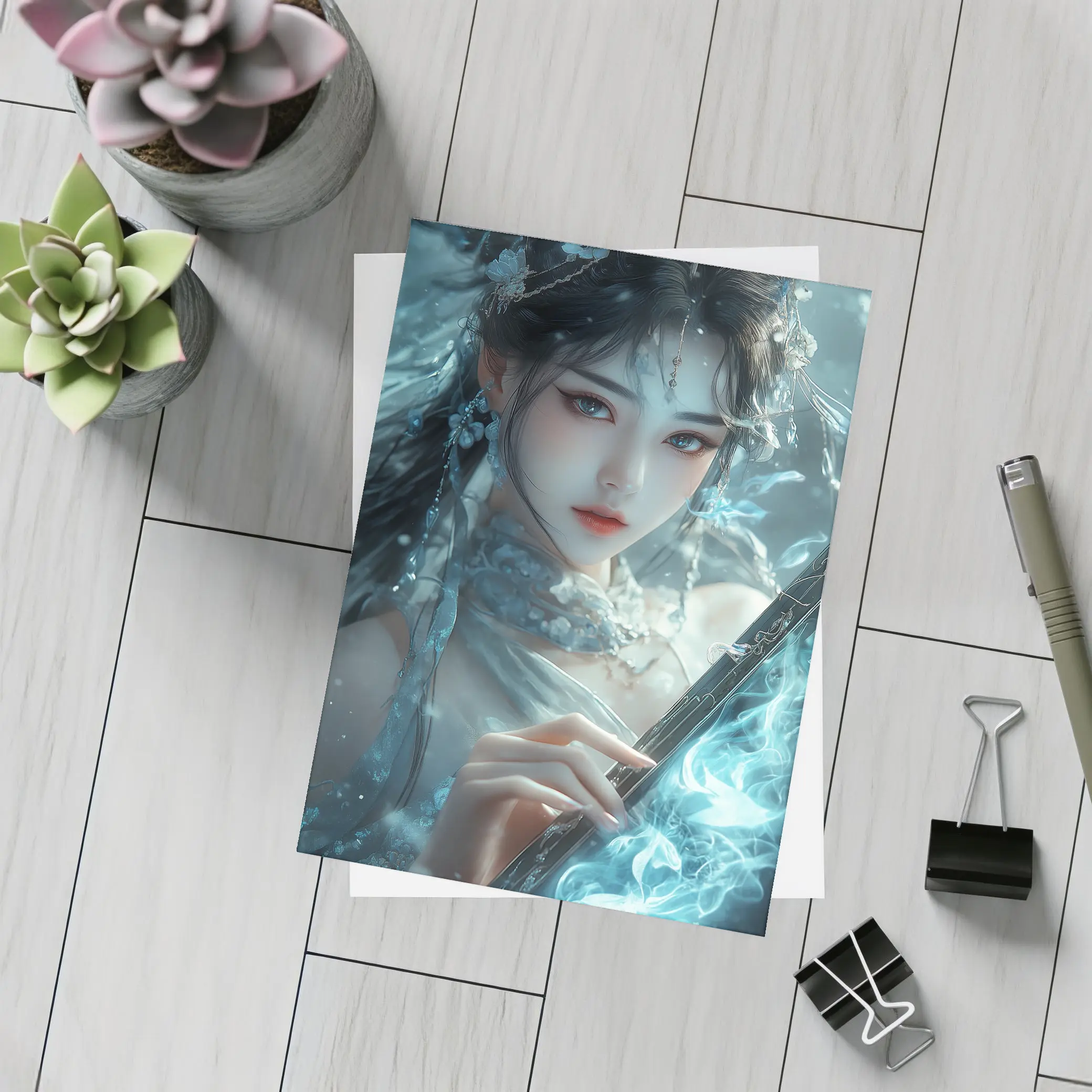 Fantasy Asian Woman With Glowing Blue Sword – Postcards