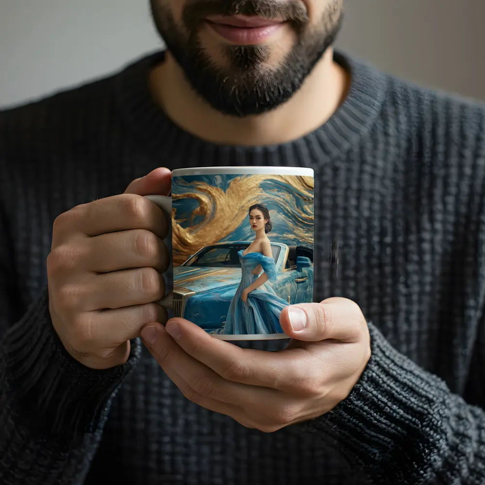 Woman Blue Gown Rolls Royce Gold Swirl – Mugs