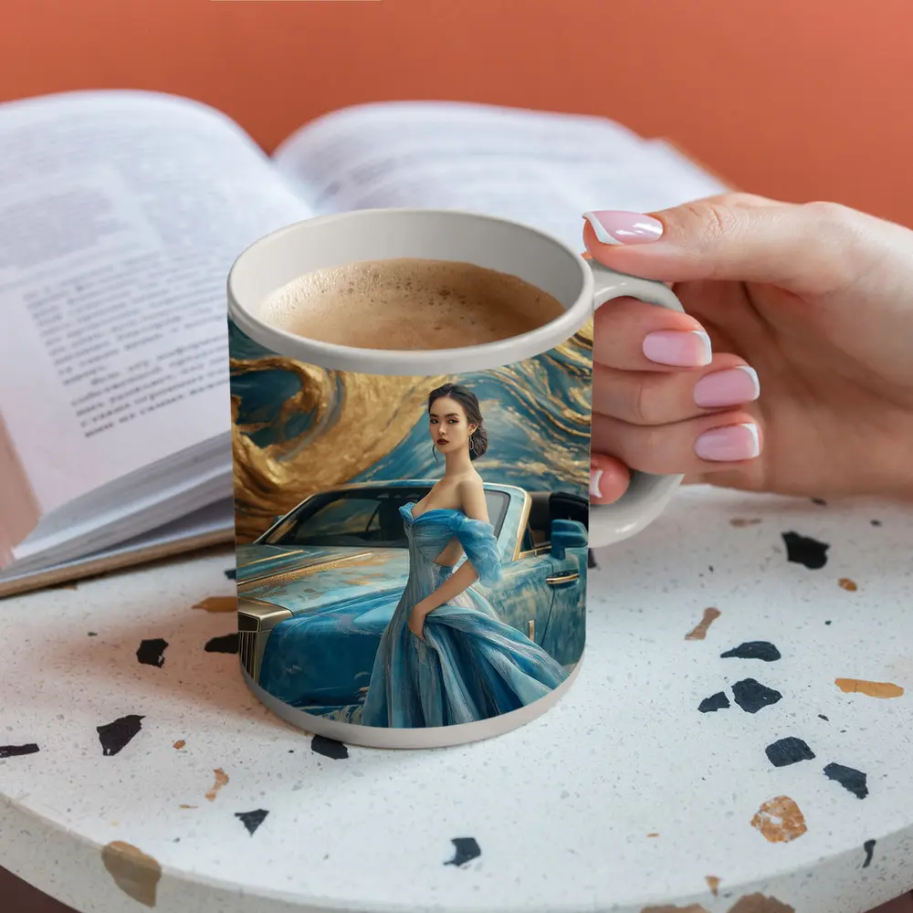 Woman Blue Gown Rolls Royce Gold Swirl – Mugs