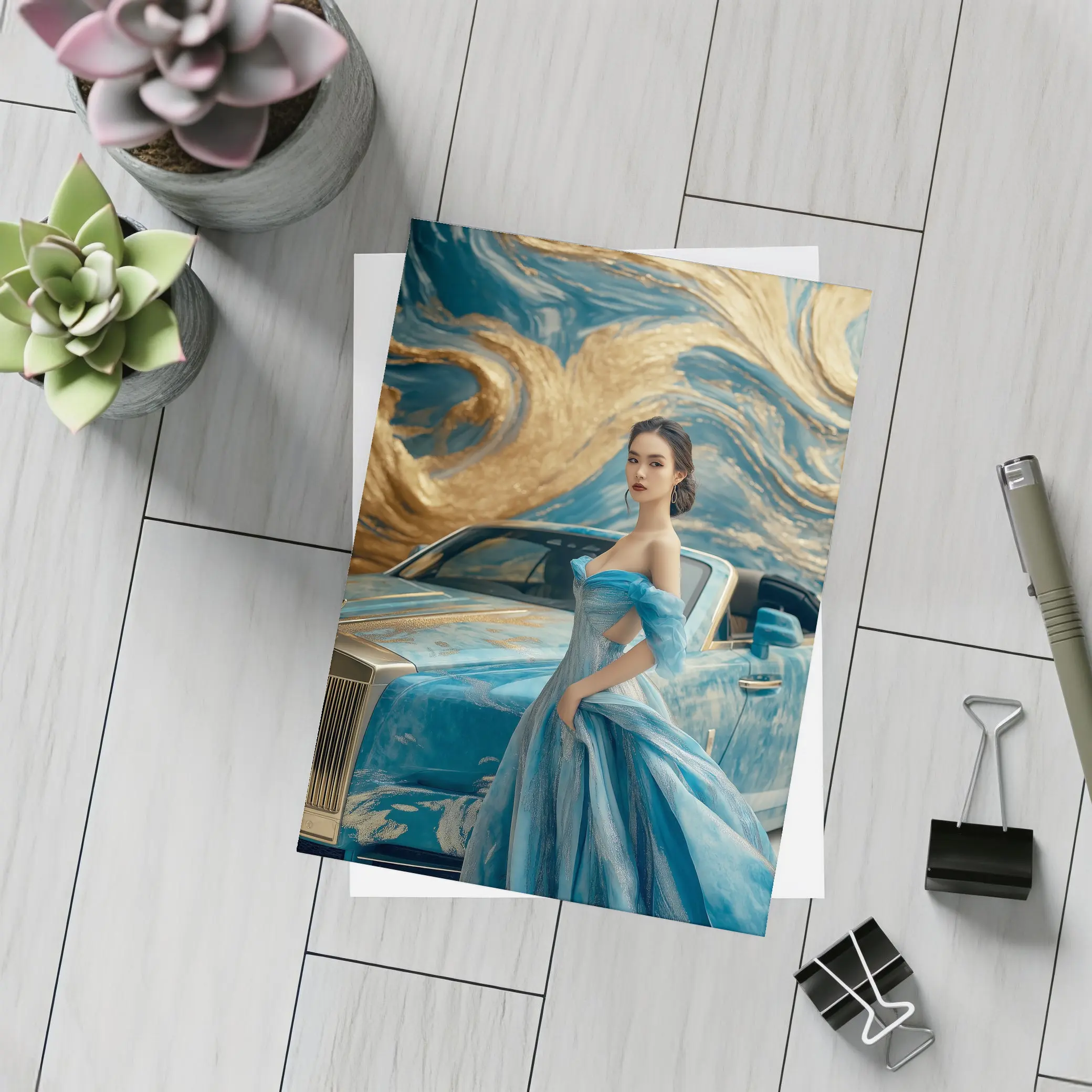 Woman Blue Gown Rolls Royce Gold Swirl – Postcards