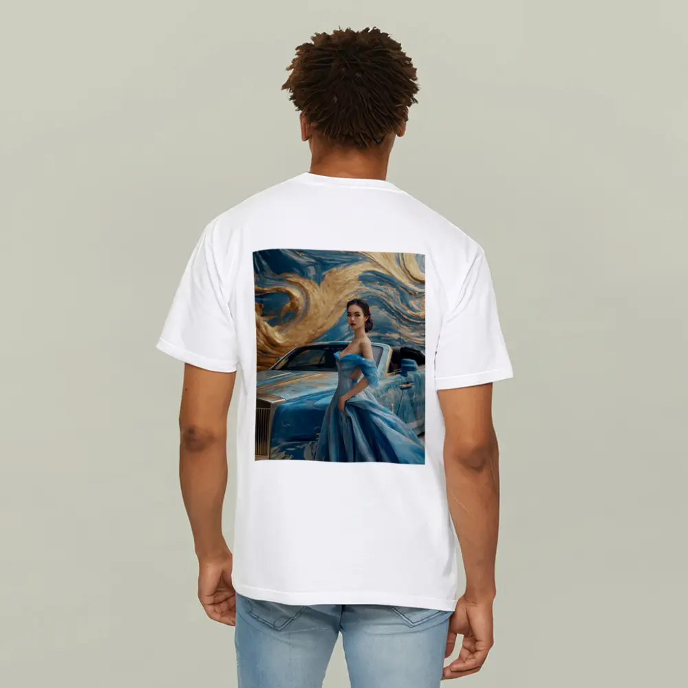 Woman Blue Gown Rolls Royce Gold Swirl – T-Shirts