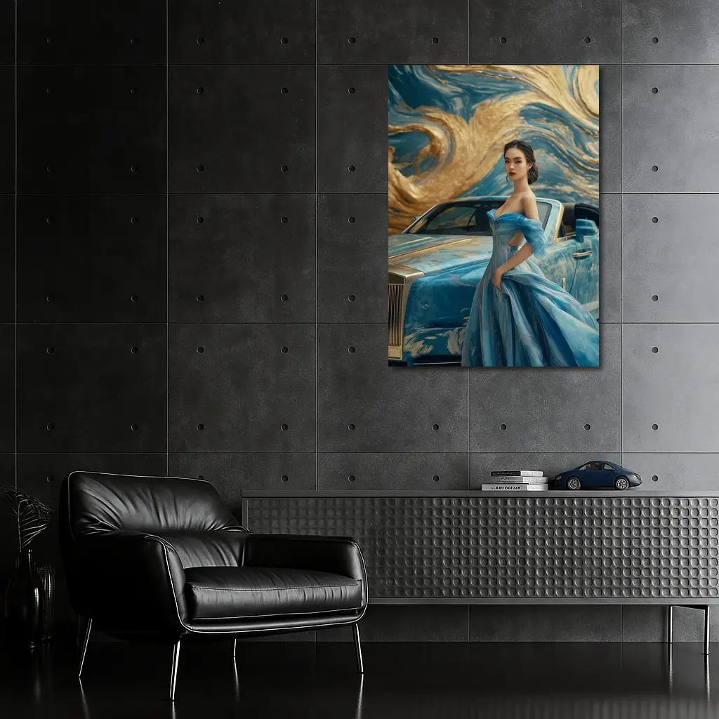 Woman Blue Gown Rolls Royce Gold Swirl – Wall Art