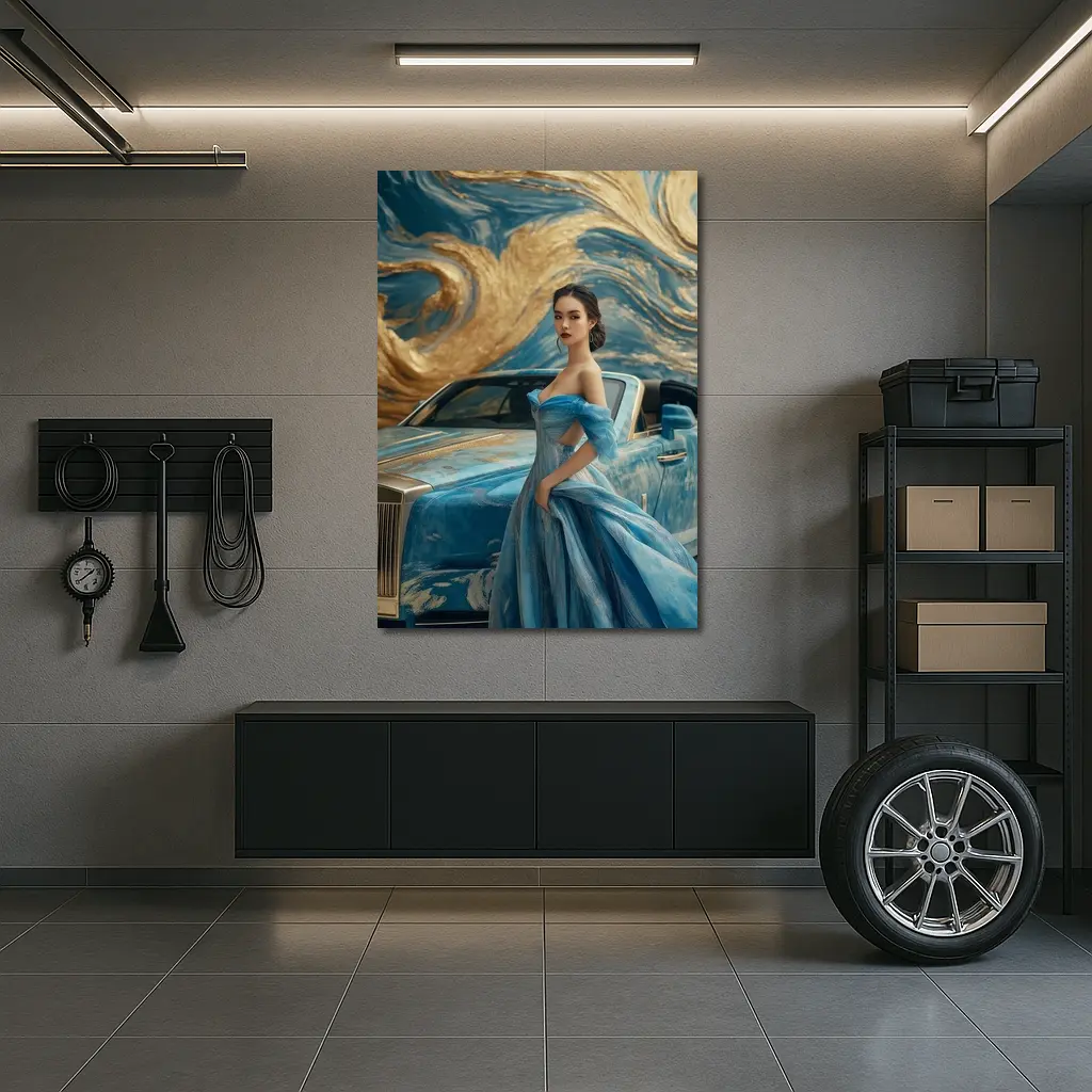 Woman Blue Gown Rolls Royce Gold Swirl – Wall Art