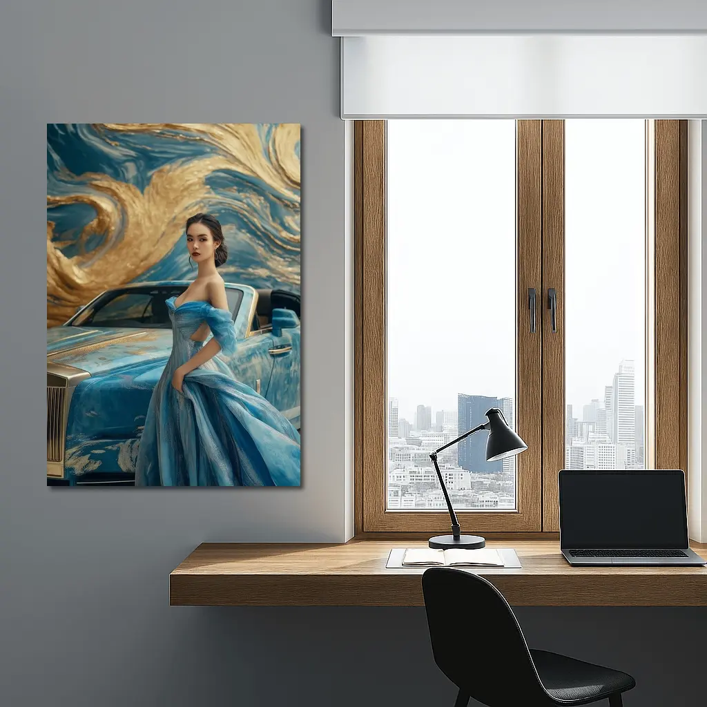 Woman Blue Gown Rolls Royce Gold Swirl – Wall Art