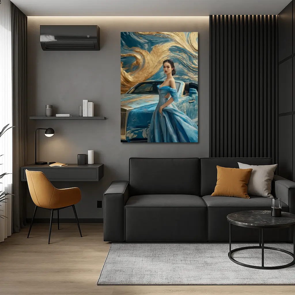 Woman Blue Gown Rolls Royce Gold Swirl – Wall Art
