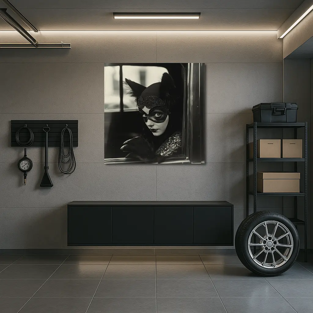 Mysterious Woman Cat Mask Vintage Car – Wall Art