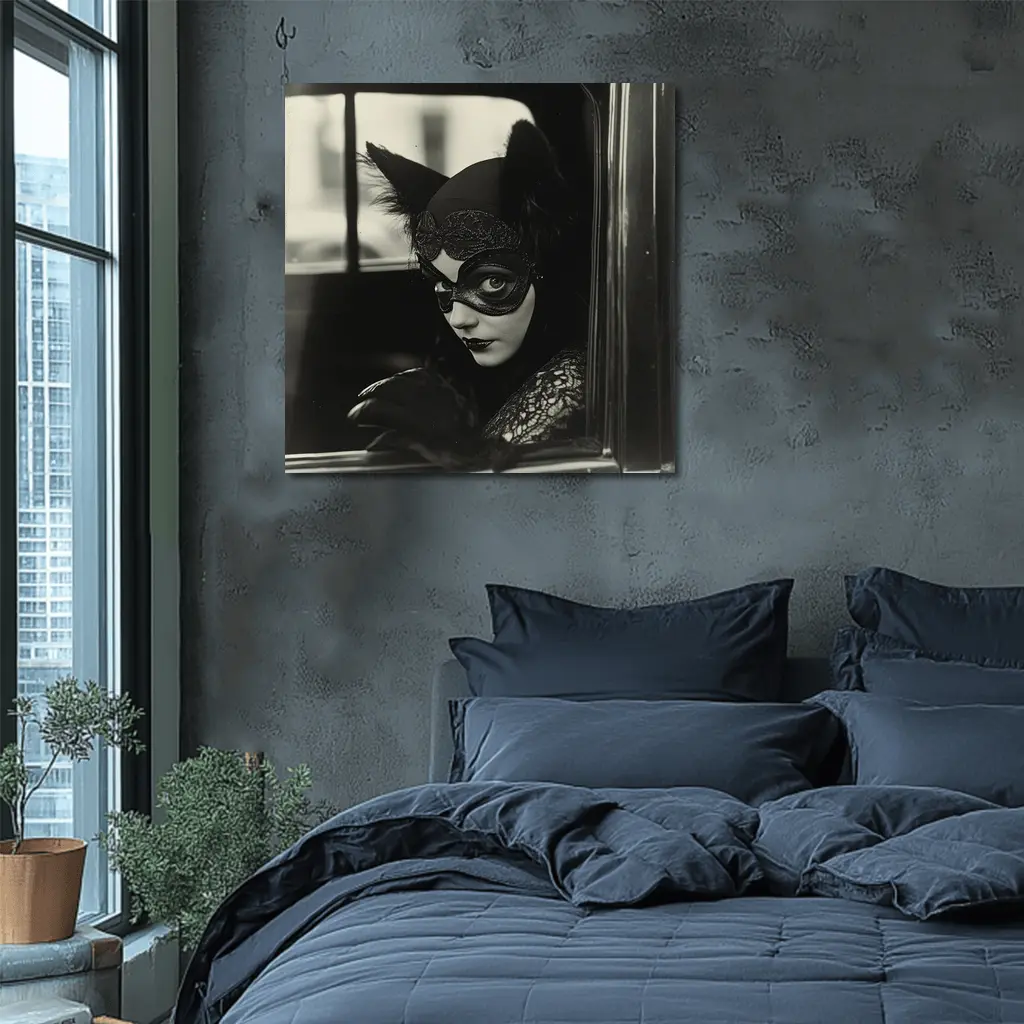 Mysterious Woman Cat Mask Vintage Car – Wall Art