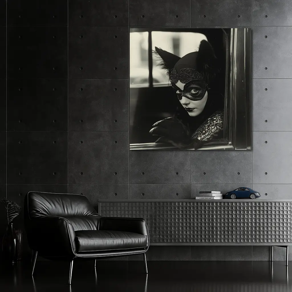 Mysterious Woman Cat Mask Vintage Car – Wall Art