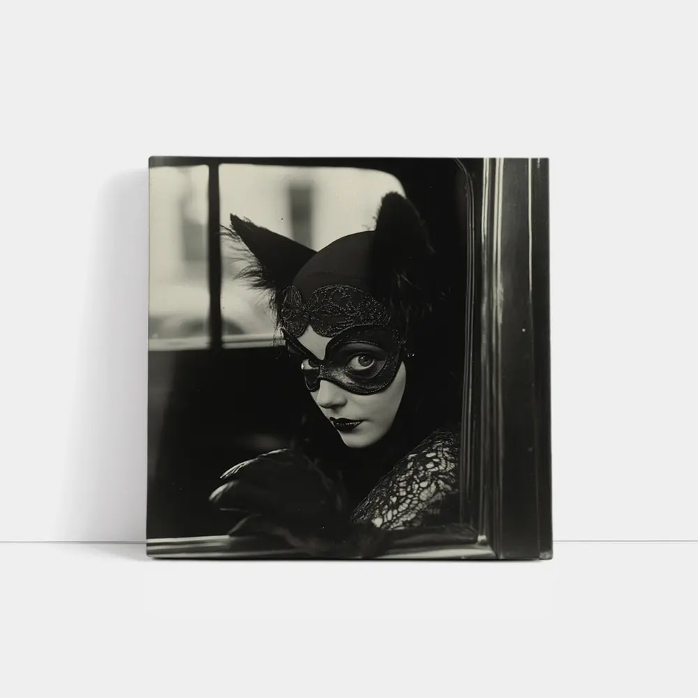 Mysterious Woman Cat Mask Vintage Car – Wall Art