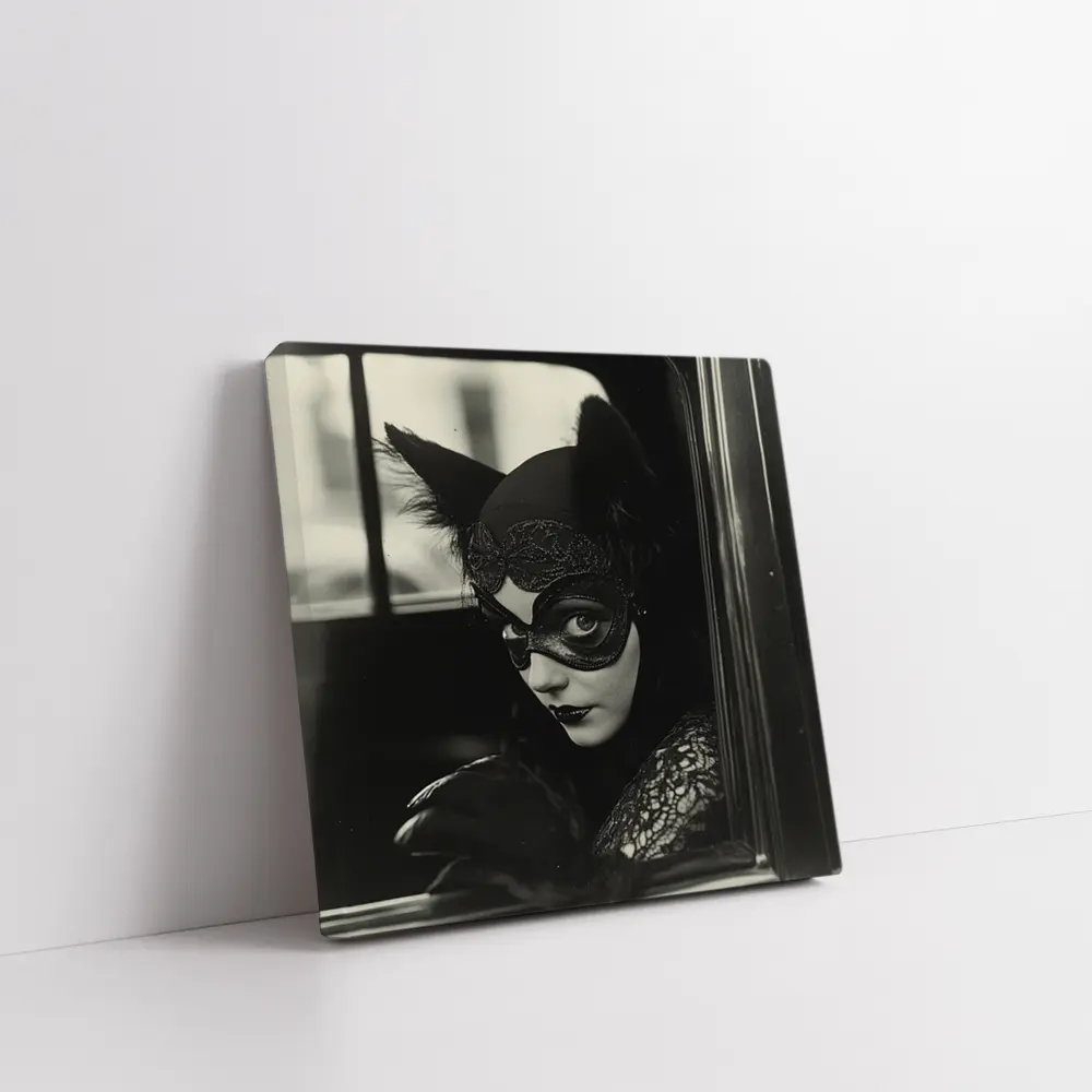Mysterious Woman Cat Mask Vintage Car – Wall Art