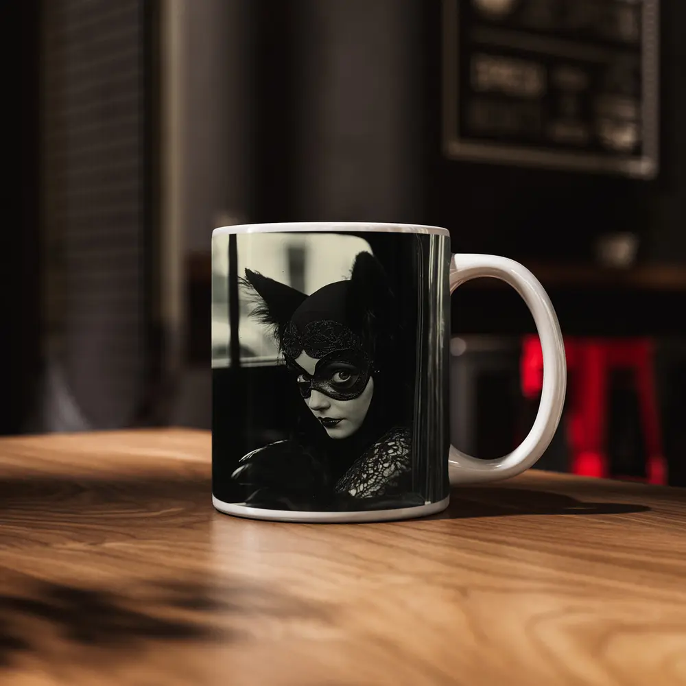 Mysterious Woman Cat Mask Vintage Car – Mugs
