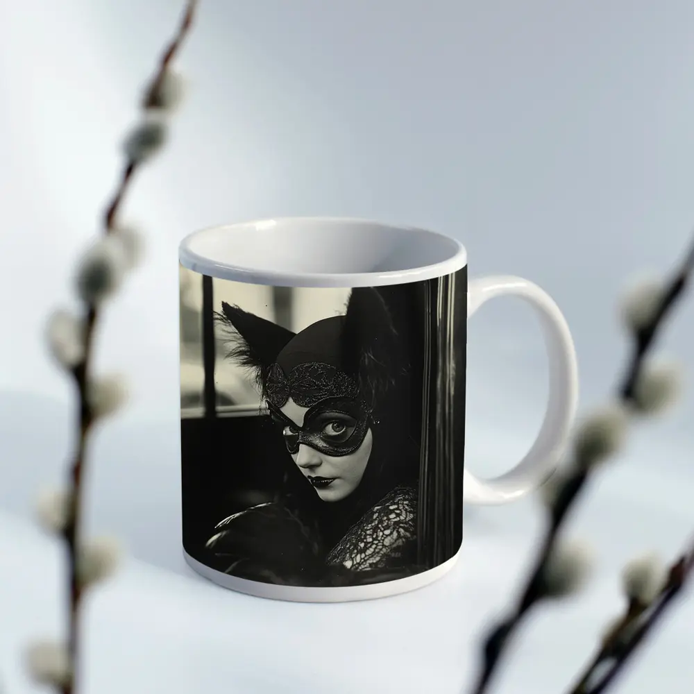 Mysterious Woman Cat Mask Vintage Car – Mugs