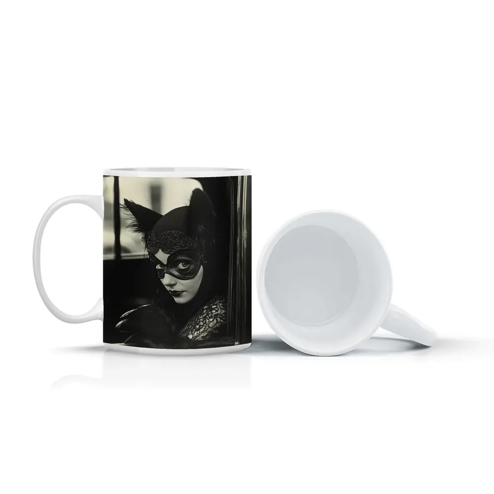 Mysterious Woman Cat Mask Vintage Car – Mugs