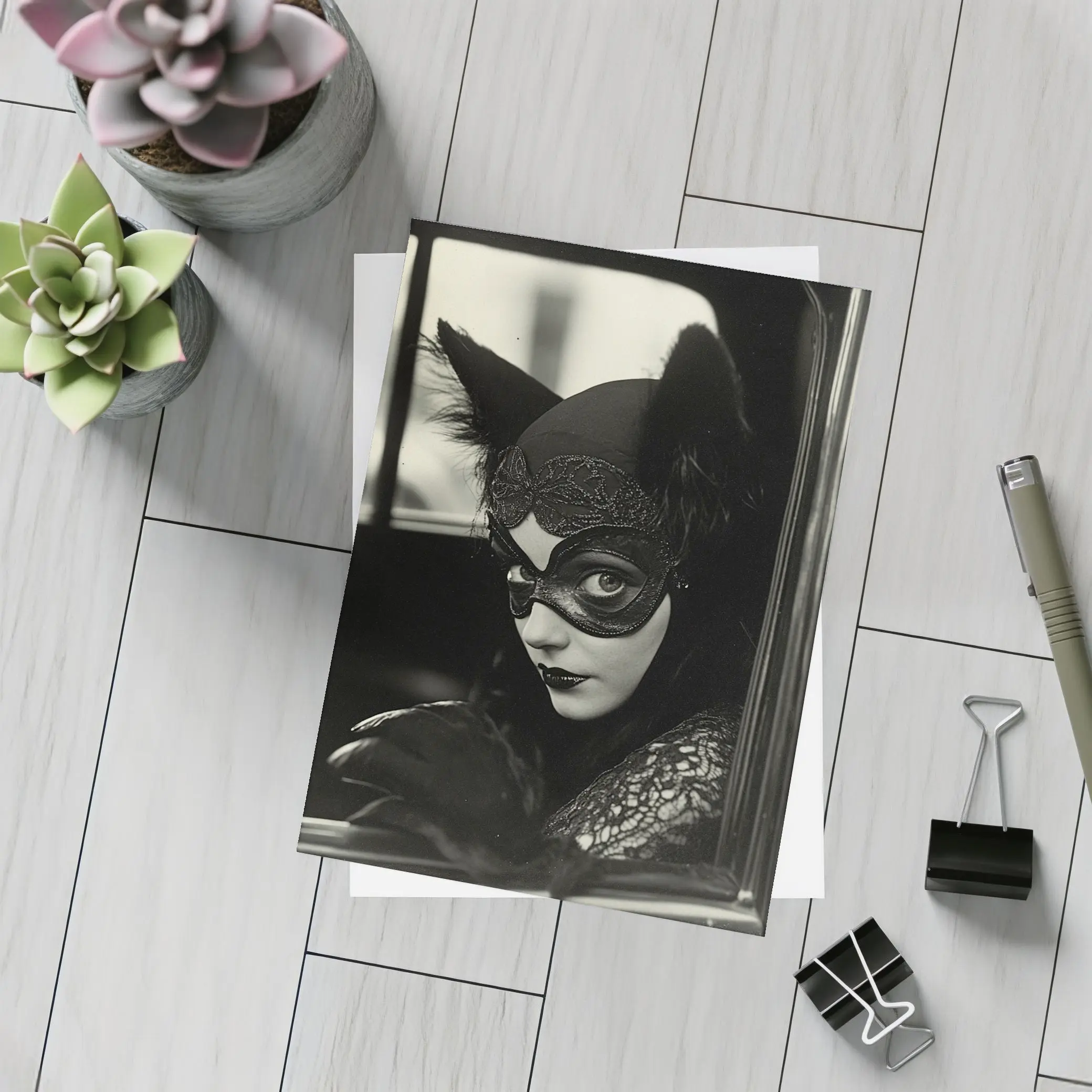 Mysterious Woman Cat Mask Vintage Car – Postcards