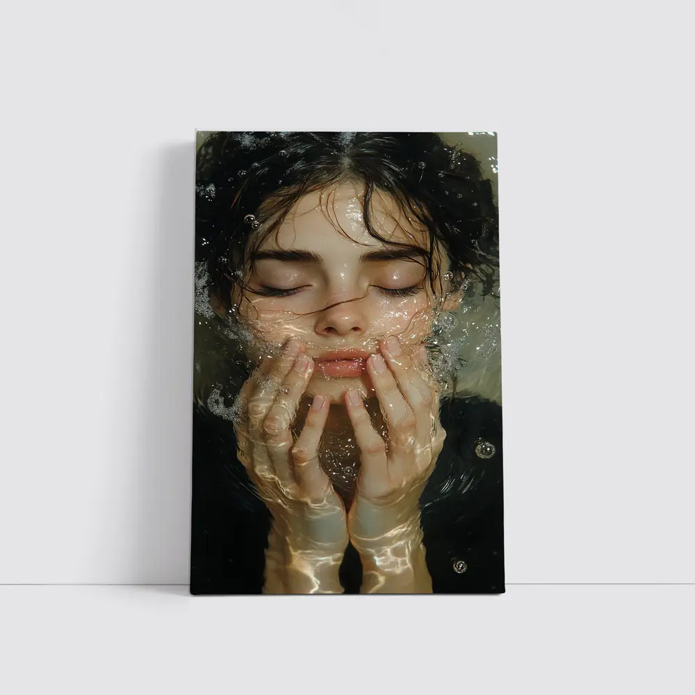 Woman Washing Face With Water Splashing – Wall Art