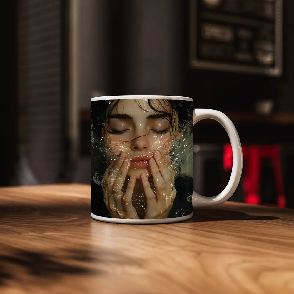Woman Washing Face With Water Splashing – Mugs