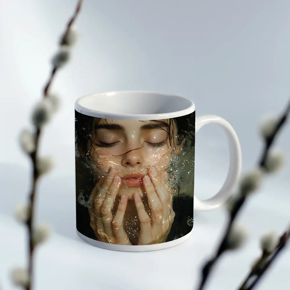 Woman Washing Face With Water Splashing – Mugs