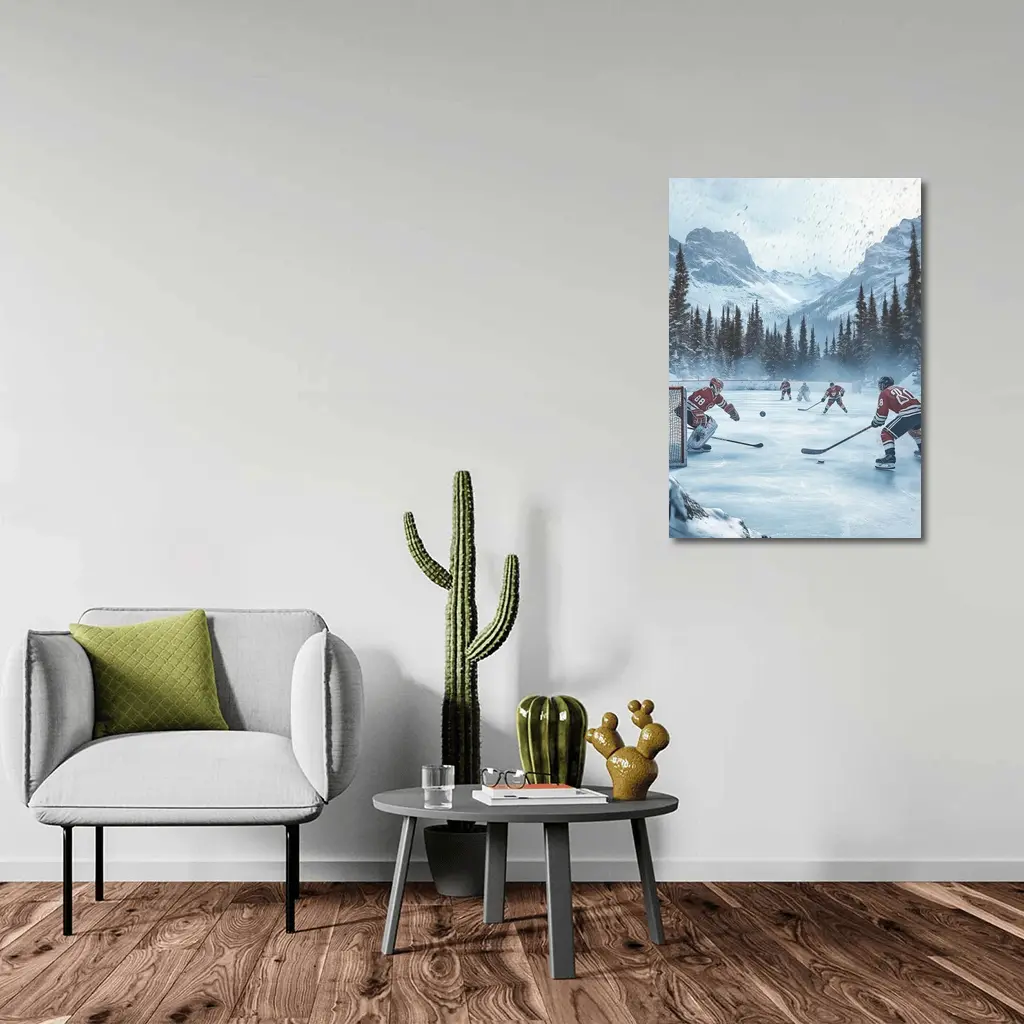 Ice Hockey Game Snowy Mountain Winter Scene – Wall Art