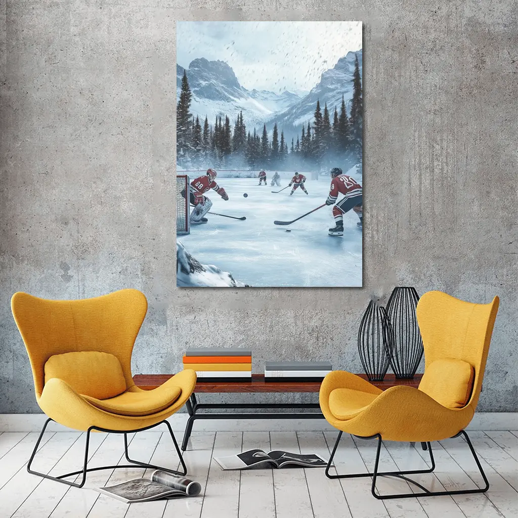 Ice Hockey Game Snowy Mountain Winter Scene – Wall Art