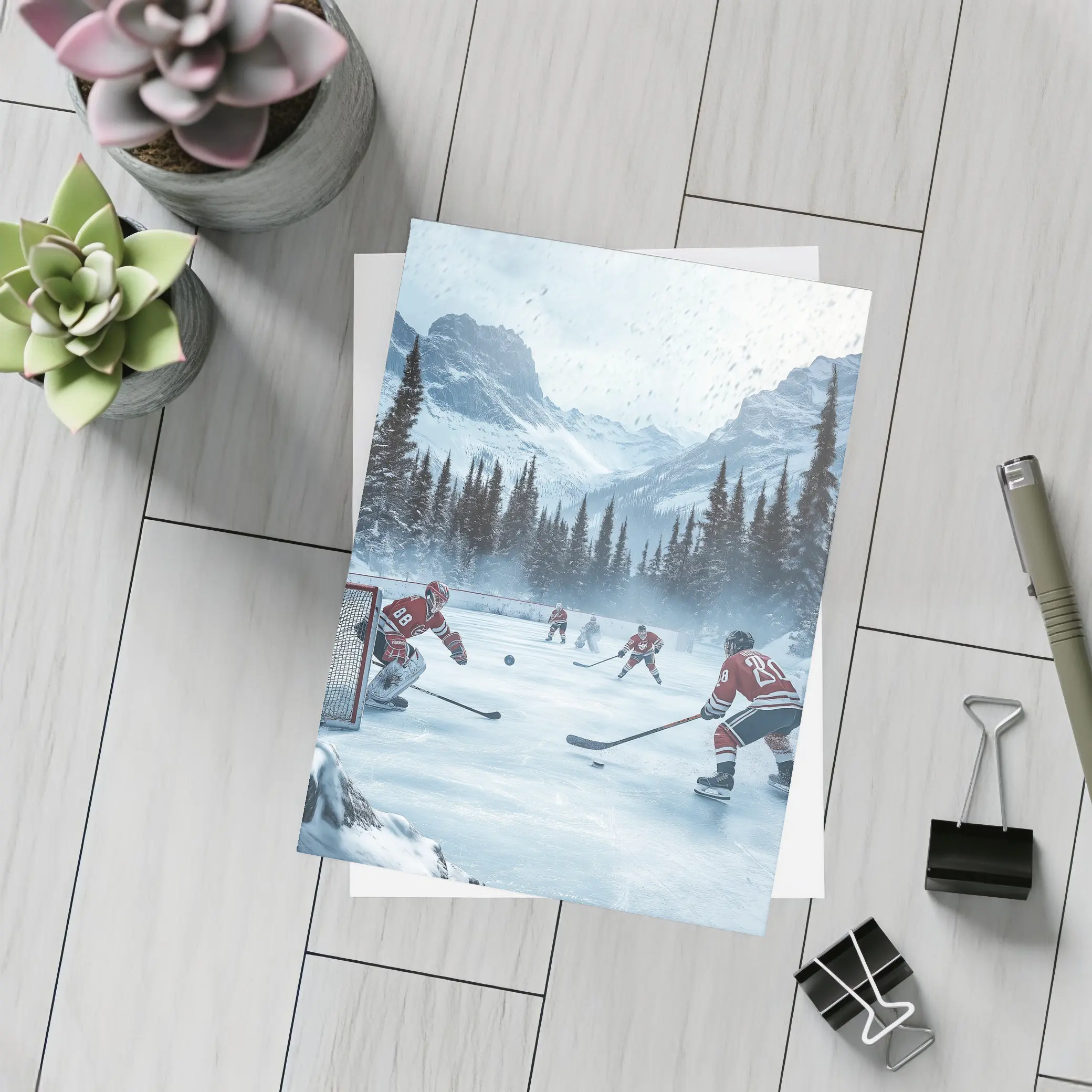 Ice Hockey Game Snowy Mountain Winter Scene – Postcards