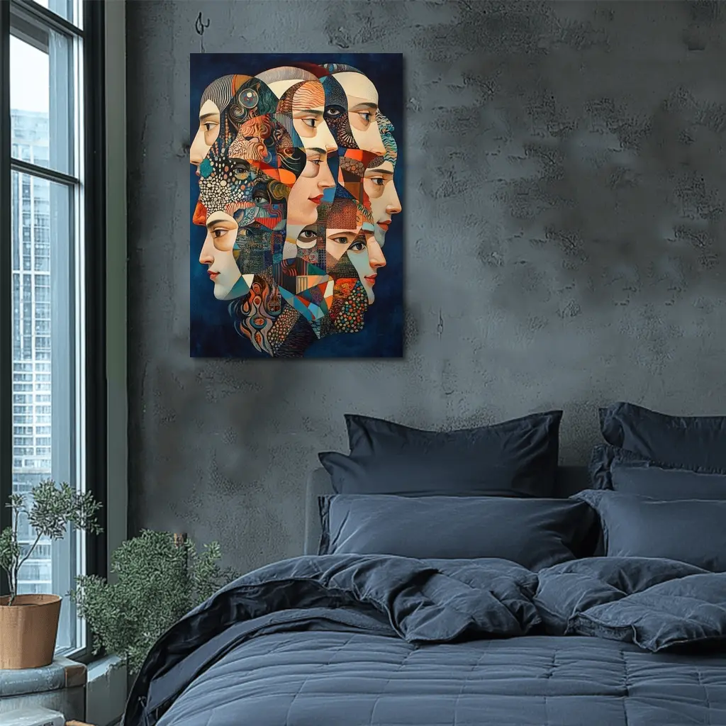 Cubist Women Faces Collage Blue Background – Wall Art