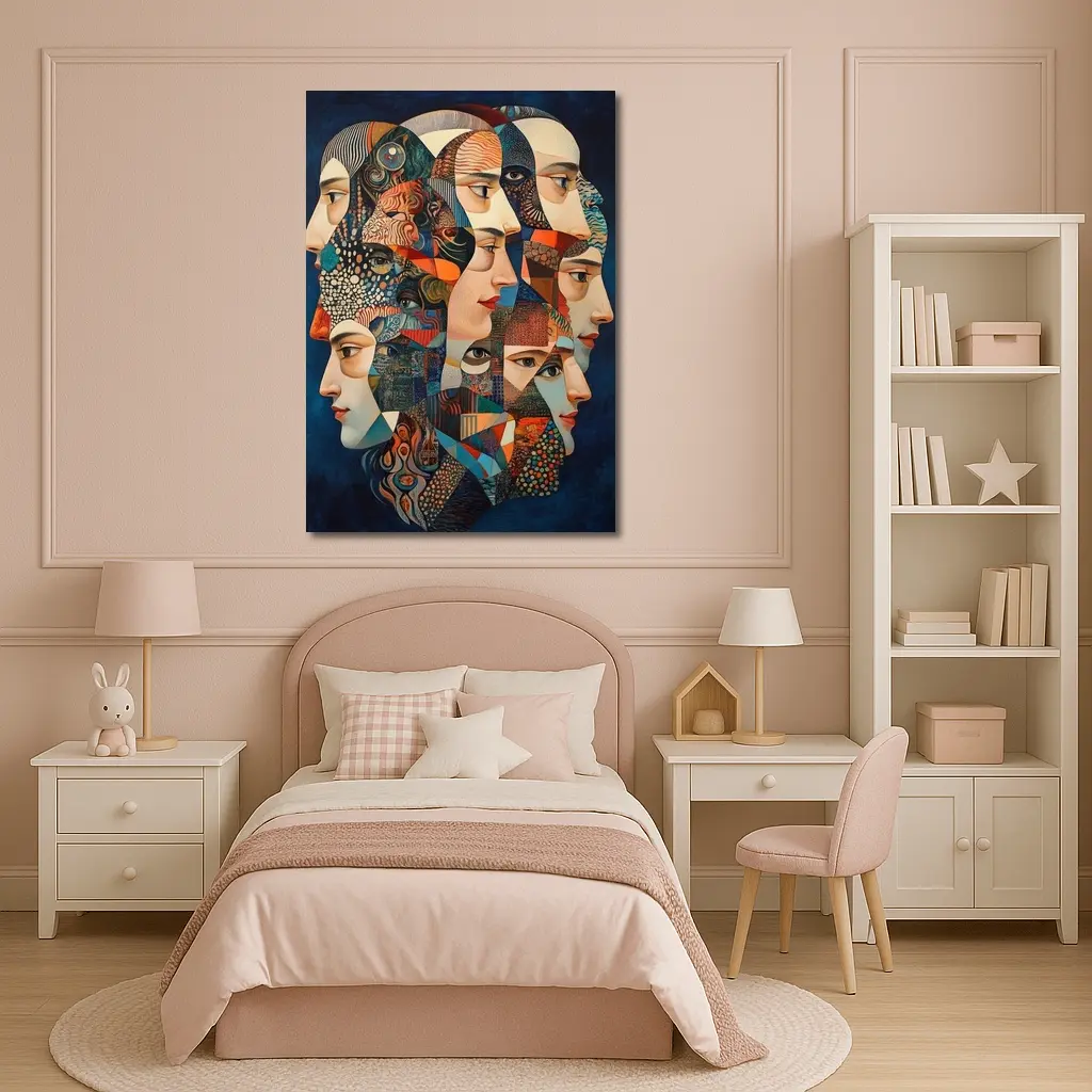 Cubist Women Faces Collage Blue Background – Wall Art