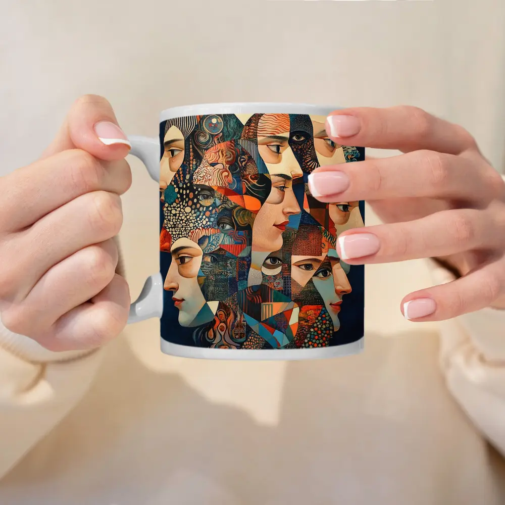 Cubist Women Faces Collage Blue Background – Mugs