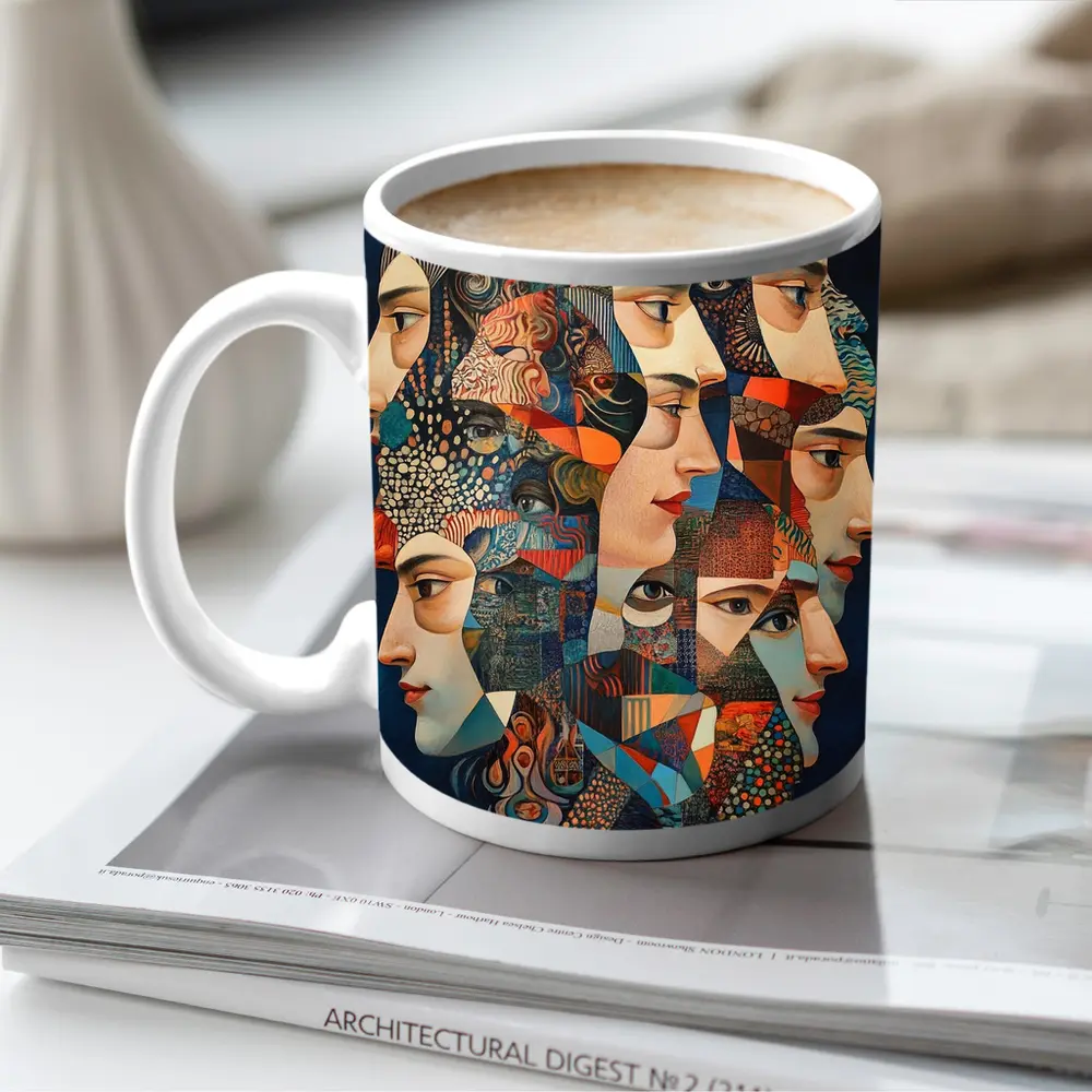 Cubist Women Faces Collage Blue Background – Mugs