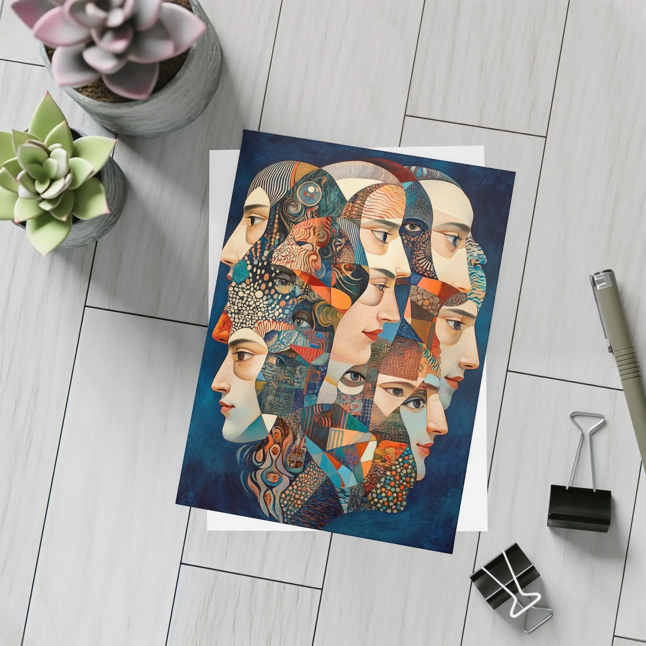 Cubist Women Faces Collage Blue Background – Postcards