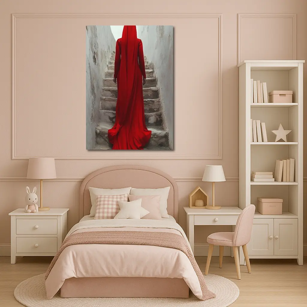 Red Robed Woman Ascending Ancient Stone Stairs – Wall Art
