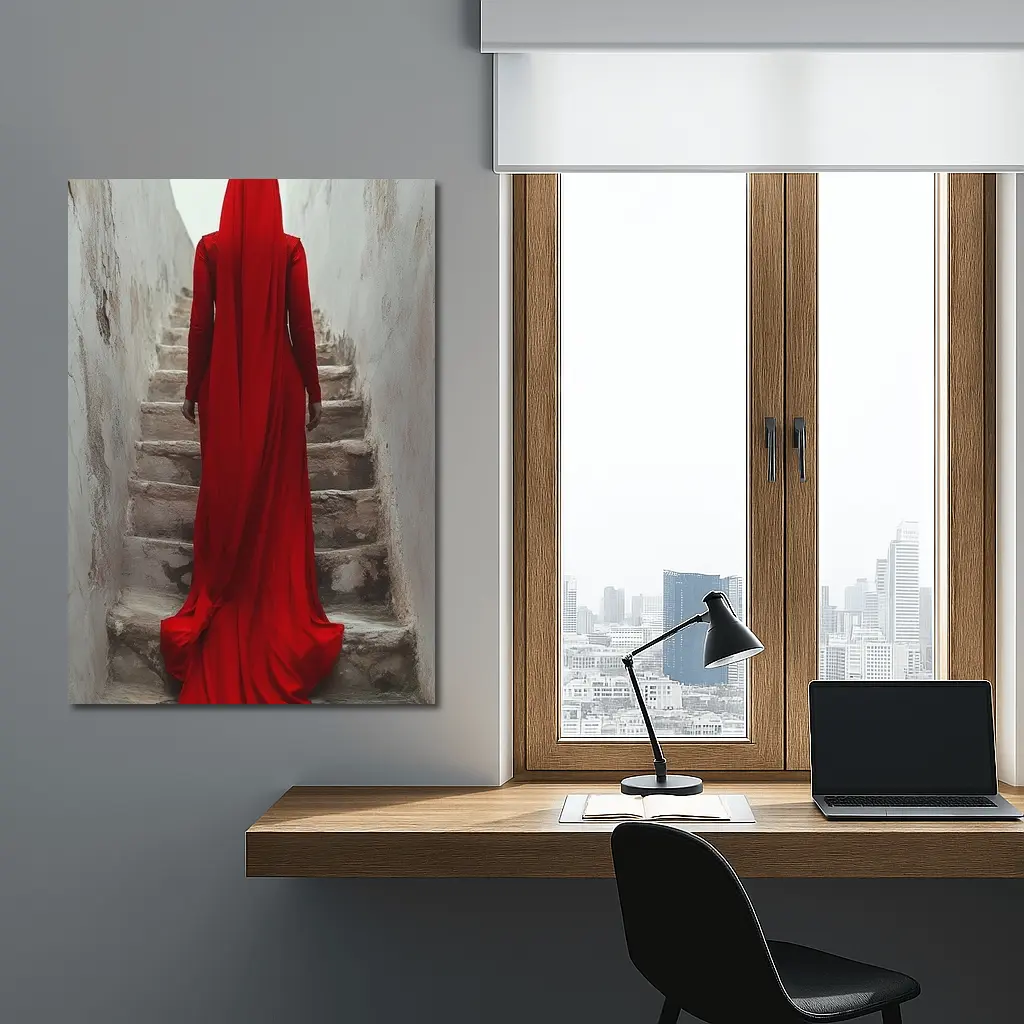 Red Robed Woman Ascending Ancient Stone Stairs – Wall Art